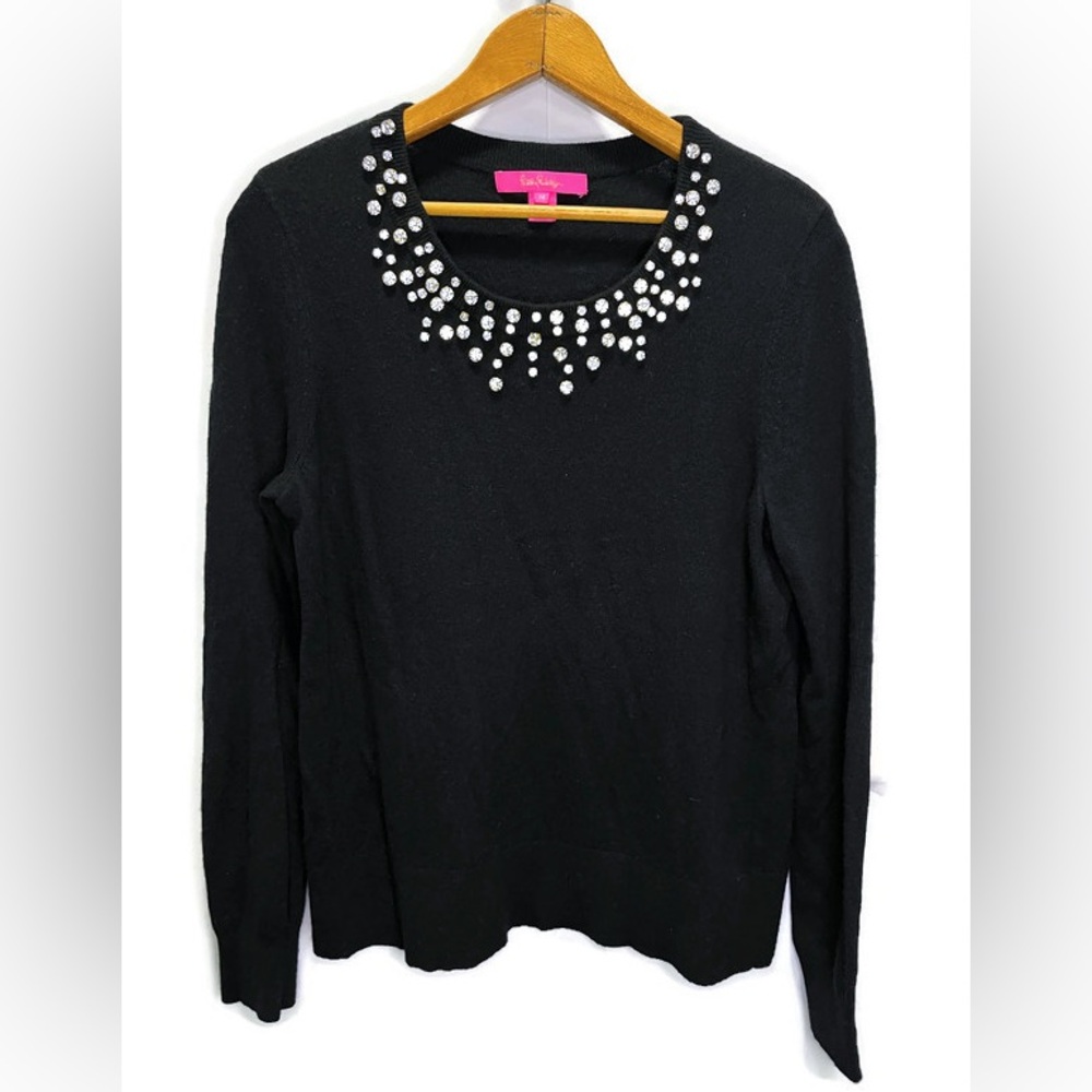 Lily Pulitzer Black Cashmere Blend Odetta Sweater Rhinestones Bling Black Medium